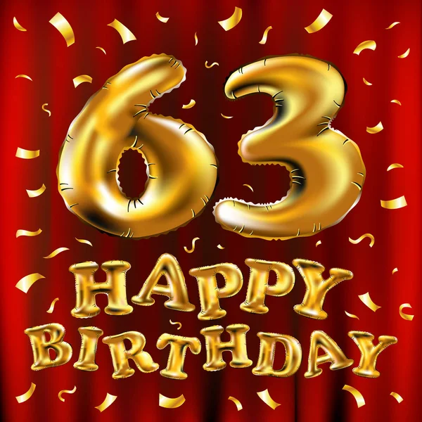 ベクター幸せな誕生日用風船お祝い金 63th と金色の紙吹雪輝く。グリーティング カード、招待状 63 63 年赤いカーテンの祝賀パーティーに 3 d のイラスト デザイン — ストックベクタ