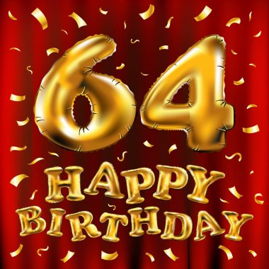 iyi ki doğdun 64 kutlama altın balonlar ve altın konfeti pırıltılar vektör. tebrik kartı, davet ve altmış dört 64 yıl kırmızı perde kutlama partisi için 3D çizim tasarım