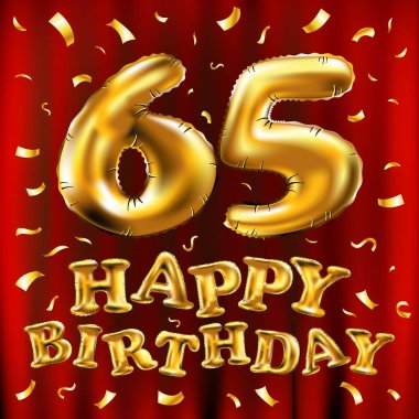 iyi ki doğdun 65 kutlama altın balonlar ve altın konfeti pırıltılar vektör. tebrik kartı, davet ve altmış beş 65 yıl kırmızı perde kutlama partisi için 3D çizim tasarım