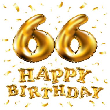 iyi ki doğdun 66 kutlama altın balonlar ve altın konfeti pırıltılar vektör. 3D çizim tasarım tebrik kartı, davet ve altmış altı kutlama partisi için 66 yıl Beyaz