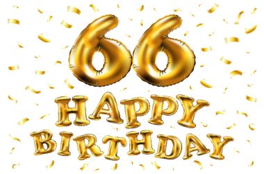 iyi ki doğdun 66 kutlama altın balonlar ve altın konfeti pırıltılar vektör. 3D çizim tasarım tebrik kartı, davet ve altmış altı kutlama partisi için 66 yıl Beyaz