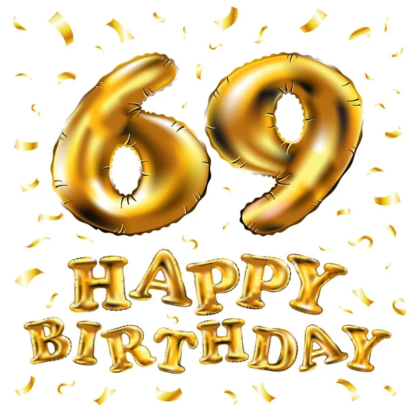 Vector feliz cumpleaños 69 celebración globos de oro y purpurina de confeti de oro. Diseño de ilustración 3d para su tarjeta de felicitación, invitación y fiesta de celebración de sesenta y nueve 69 años blanco — Vector de stock