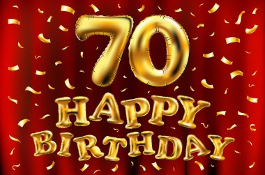 iyi ki doğdun 70 kutlama altın balonlar ve altın konfeti pırıltılar vektör. tebrik kartı, davet ve 70 70 yıl kırmızı perde kutlama partisi için 3D çizim tasarım