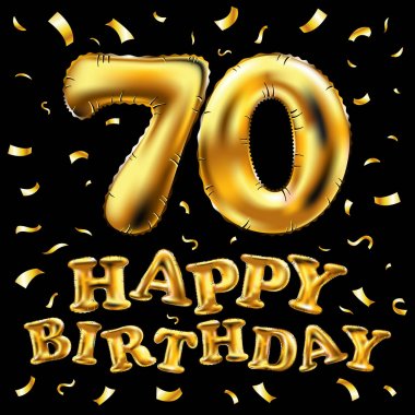 iyi ki doğdun 70 kutlama altın balonlar ve altın konfeti pırıltılar vektör. tebrik kartı, davet ve 70 70 yıl siyah kutlama partisi için 3D çizim tasarım