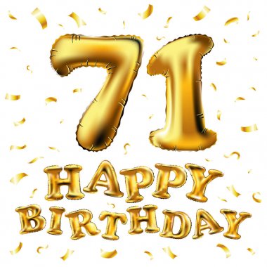 mutlu yıllar 71th kutlama altın balonlar ve altın konfeti pırıltılar vektör. 3D çizim tasarım tebrik kartı, davet ve yetmiş bir kutlama partisi için 71 yıl Beyaz