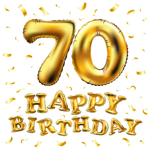 Vetor feliz aniversário 70th celebração balões de ouro e brilho de confete dourado. 3d ilustração design para o seu cartão de saudação, convite e festa de 70 anos branco — Vetor de Stock