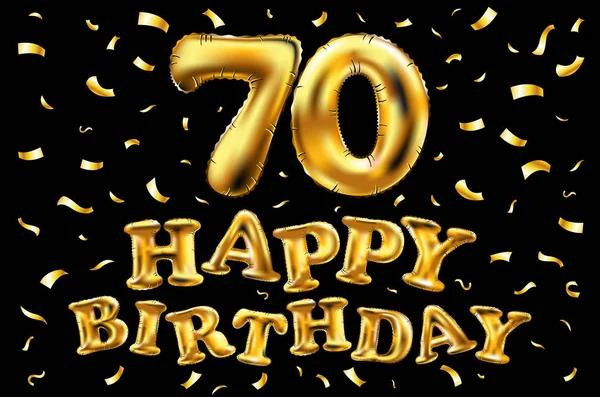 Vetor feliz aniversário 70th celebração balões de ouro e brilho de confete dourado. 3d ilustração design para o seu cartão de saudação, convite e festa de 70 anos preto — Vetor de Stock