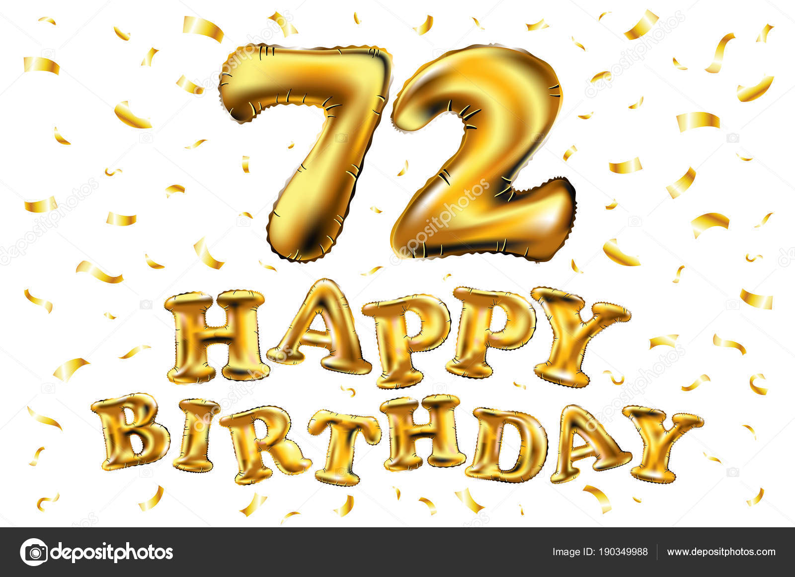 72 years anniversary, happy birthday joy celebration. 3d Illustration with brilliant gold balloons &