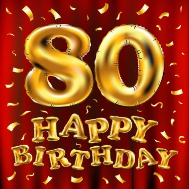 iyi ki doğdun 80 kutlama altın balonlar ve altın konfeti pırıltılar vektör. tebrik kartı, davet ve 80 80 yıl kırmızı perde kutlama partisi için 3D çizim tasarım