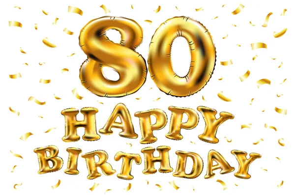 Zum 80. Geburtstag funkeln goldene Luftballons und goldenes Konfetti. 3D Illustration Design für Ihre Grußkarte, Einladung und Feier von achtzig 80 Jahren weiß — Stockvektor