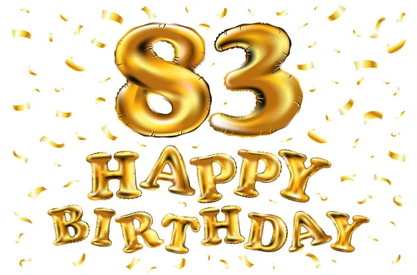 Вектор с днем рождения 83-й праздник золотые воздушные шары и золотые конфетти блестки. 3D дизайн поздравительной открытки, приглашения и вечеринки восемьдесят три года — стоковый вектор