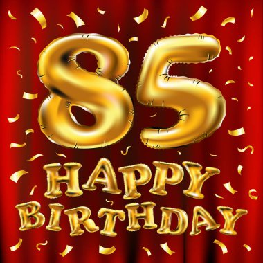 iyi ki doğdun 85 kutlama altın balonlar ve altın konfeti pırıltılar vektör. tebrik kartı, davet ve 85 85 yıl kırmızı perde kutlama partisi için 3D çizim tasarım