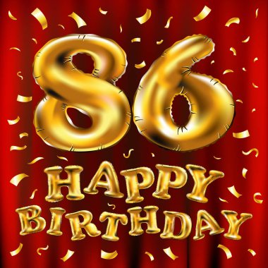 iyi ki doğdun 86 kutlama altın balonlar ve altın konfeti pırıltılar vektör. tebrik kartı, davet ve 86 86 yıl kırmızı perde kutlama partisi için 3D çizim tasarım