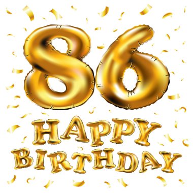 iyi ki doğdun 86 kutlama altın balonlar ve altın konfeti pırıltılar vektör. tebrik kartı, davet ve seksen altı 86 yaş Beyaz kutlama partisi için 3D çizim tasarım
