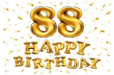 iyi ki doğdun 88 kutlama altın balonlar ve altın konfeti pırıltılar vektör. tebrik kartı, davet ve seksen sekiz 88 yıl Beyaz kutlama partisi için 3D çizim tasarım