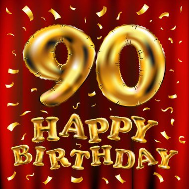 iyi ki doğdun 90 kutlama altın balonlar ve altın konfeti pırıltılar vektör. tebrik kartı, davet ve doksan 90 yıl kırmızı perde kutlama partisi için 3D çizim tasarım