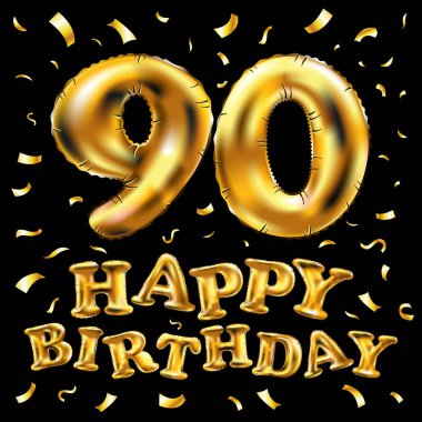 iyi ki doğdun 90 kutlama altın balonlar ve altın konfeti pırıltılar vektör. tebrik kartı, davet ve doksan 90 yıl siyah kutlama partisi için 3D çizim tasarım