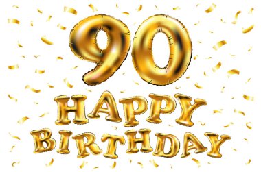 iyi ki doğdun 90 kutlama altın balonlar ve altın konfeti pırıltılar vektör. tebrik kartı, davet ve doksan 90 yıl Beyaz kutlama partisi için 3D çizim tasarım