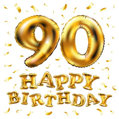 iyi ki doğdun 90 kutlama altın balonlar ve altın konfeti pırıltılar vektör. tebrik kartı, davet ve doksan 90 yıl Beyaz kutlama partisi için 3D çizim tasarım