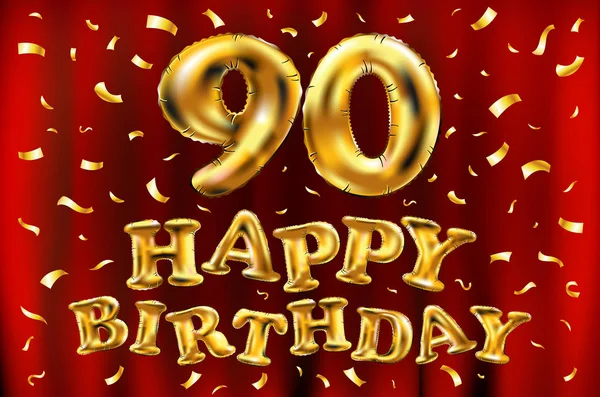 Wektor zadowolony urodziny 90-Balony celebracja złota i złotym konfetti błyszczy. Projektowanie 3D ilustracja karty z pozdrowieniami, zaproszenie i party Celebration 90 90 lat czerwonej kurtyny — Wektor stockowy