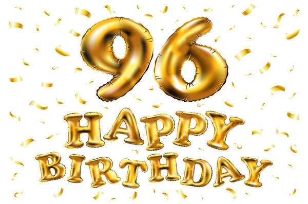 Vector födelsedagen 96 firande guld ballonger och gyllene konfetti glitter. 3D illustration design för ditt gratulationskort, inbjudan och hyllning part nittio sex 96 år vit — Stock vektor