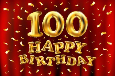 iyi ki doğdun 100 kutlama altın balonlar ve altın konfeti pırıltılar vektör. tebrik kartı, davet ve yüz 100 yıl kırmızı perde kutlama partisi için 3D çizim tasarım