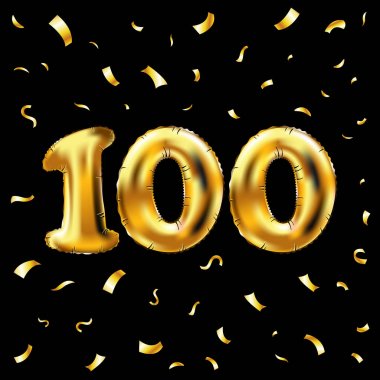vektör 100 altın kutlama balonları ve altın konfeti pırıltılar. 3D çizim tasarım için tebrik kartı, davet ve kutlama parti yüz 100 numara siyah arka plan