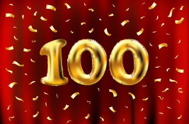 vektör 100 altın kutlama balonları ve altın konfeti pırıltılar. tebrik kartı, davet ve yüz 100 numara kırmızı perde kutlama partisi için 3D çizim tasarım