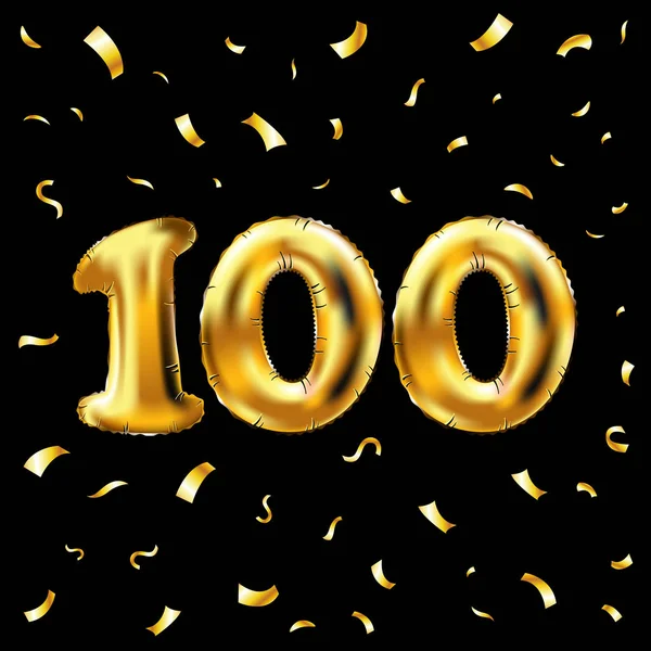 Vetor 100th celebração balões de ouro e brilho de confete dourado. 3d ilustração design para o seu cartão de saudação, convite e festa de cem 100 fundo preto número — Vetor de Stock