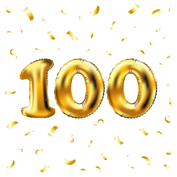 Vetor 100th celebração balões de ouro e brilho de confete dourado. 3d ilustração design para o seu cartão de saudação, convite e festa de cem 100 fundo branco número — Vetor de Stock