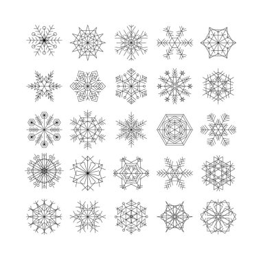 Kar Tanesi simgeleri siyah vektör çizgisi. Kar Noel kışını ayarlıyor.