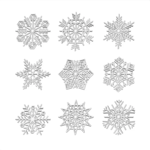 Set 3d snöflinga ikoner vektor snö jul vinter samling av vit effekt — Stock vektor