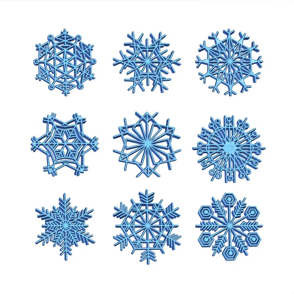 Set 3d Schneeflocke Symbole Linie blau Vektor Schnee Weihnachten Winter — Stockvektor
