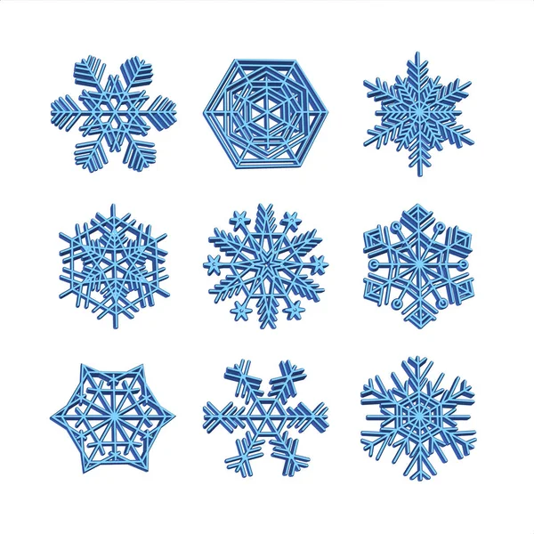 Set 3d snöflinga ikoner blå vektor snö jul vinter samling av vit effekt — Stock vektor