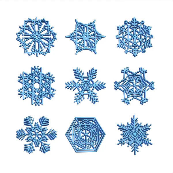 Set 3d Schneeflocke Symbole blau Vektor Schnee Weihnachten Winter Kollektion von weißen Effekt — Stockvektor