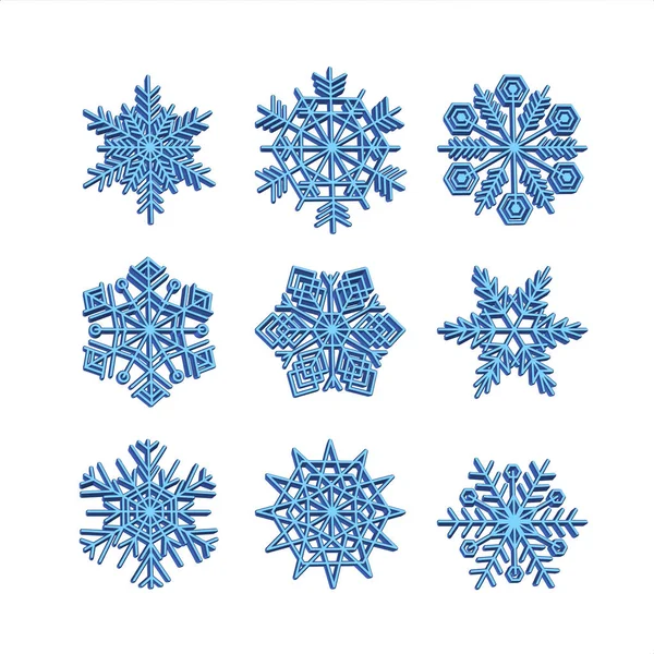 Conjunto 3d floco de neve ícones vetor azul neve natal inverno coleção de efeito branco —  Vetores de Stock