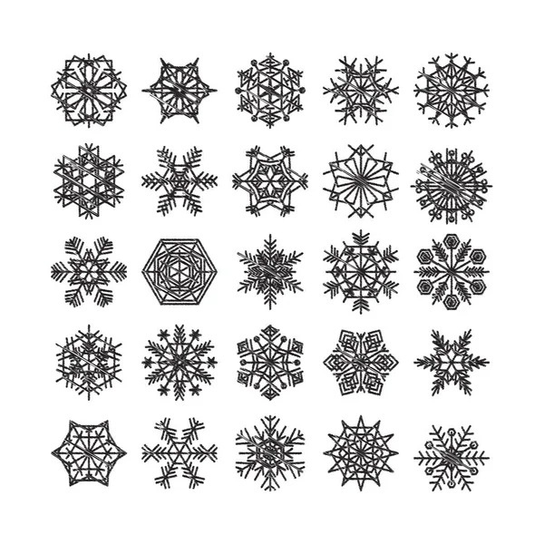 Schneeflocke Winter Set Von Schwarz Isoliert Symbol Silhouette Auf Weißem — Stockvektor