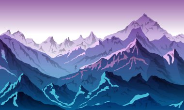 Gün batımında koyu mavi dağ manzarasının vektör çizimi