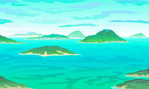 Vector Paisaje oceánico tropical con isla en océano turquesa renuncia con cerca de la playa. eps 10 fondo ilustración Vista del paraíso azul — Archivo Imágenes Vectoriales