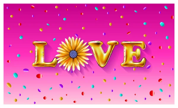 Fiore lettera d'oro amore palloncini San Valentino. Ti voglio bene. Sfondo lucido palloncini metallici. Illustrazione vettoriale EPS10 — Vettoriale Stock