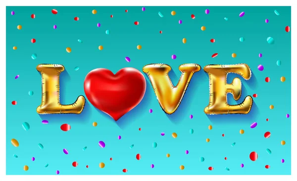 Lettera d'oro amore palloncini San Valentino. Ti voglio bene. Sfondo lucido palloncini metallici. Illustrazione vettoriale EPS10 — Vettoriale Stock