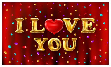 Balon Seni seviyorum Gerçekçi Valentine. Altın izole ilan. Hava konfeti renklerinde kırmızı arkaplan çizimi