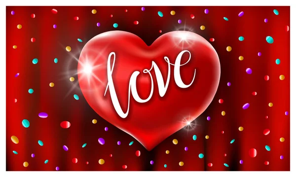 Rouge coeur ballons amour texte vecteur illustration dans l'air confettis coloré — Image vectorielle