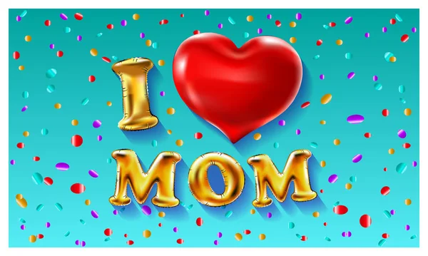 Jag älskar mamma, typsnitt typ med röda hjärttecken vektor. blå bakgrund illustration i luften konfetti färgglada — Stock vektor
