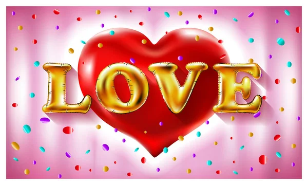 Vektor. kärlek guld ballonger text - rosa bakgrund - rött hjärta i luften konfetti färgglada — Stock vektor