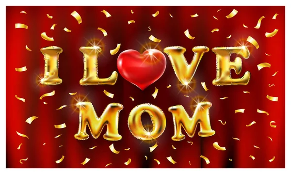 I love mom, gold ballons and red heart font type with heart sign. vector red background golden confetti — Stock vektor