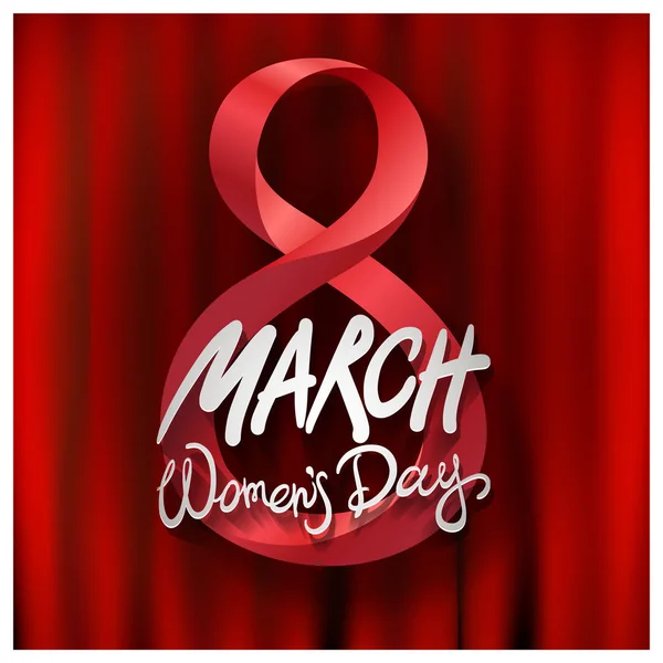 8 de marzo Día Internacional de la Mujer diseño con letras escritas a mano cinta roja en backgrond — Archivo Imágenes Vectoriales