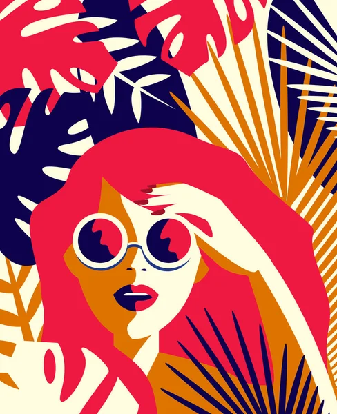 Menina em óculos de sol entre plantas tropicais — Vetor de Stock