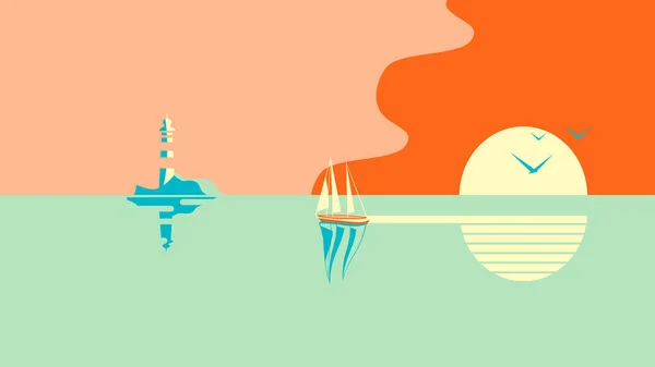 Segelboot oder Boot schwimmt im Meer bei Sonnenuntergang — Stockvektor