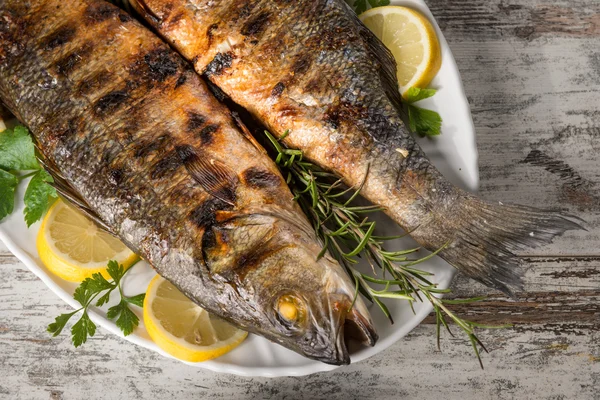 Gegrilde zeebaars geserveerd op een bord — Stockfoto